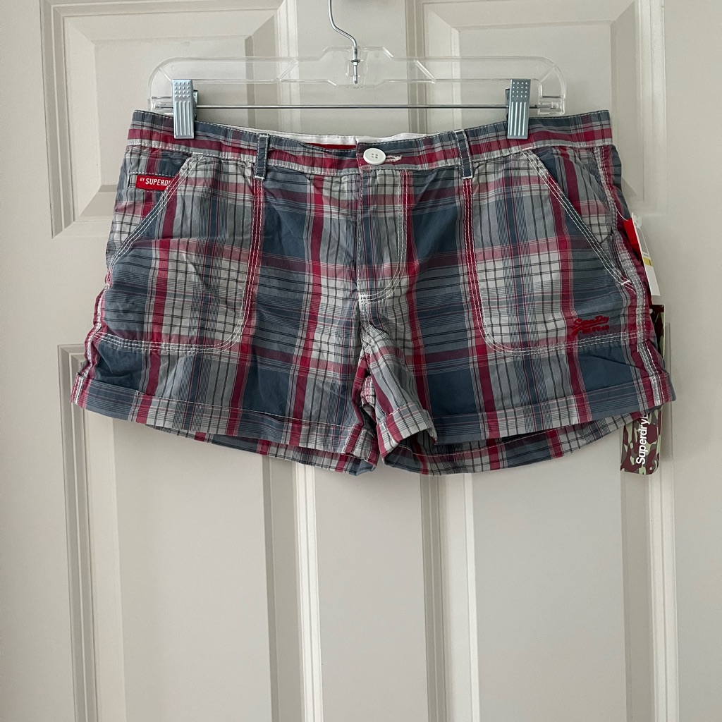 Nwt Superdry Preppy Plaid Shorts, Blue/Gray & Red..Size M Summer